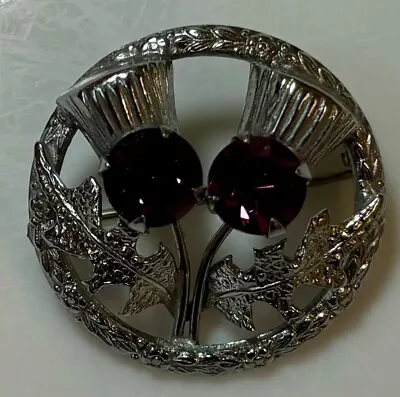 Scottish Double Thistle Brooch Purple Rhinestone Silver Tone Friendship Mizpah • $14.95