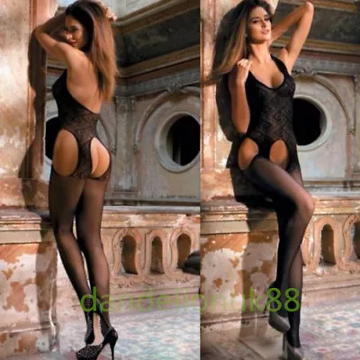 Sexy Women Swirl Pattern Halterneck Lingerie Bodystocking Crotchless Bodysuit • £5.69