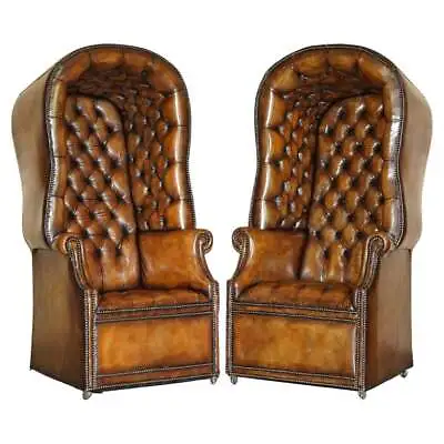 Pair Of Late Victorian Hand Dyed Brown Leather Chesterfield Porters Armchairs • £20000