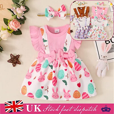2PCS Infant Baby Girl Dress Bow Tie Jumpsuit Dress Heandband Outfits Clothes Set • £5.99