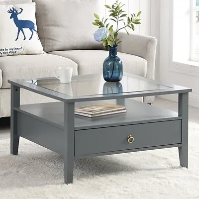 Stanley Square Glass Coffee Table With 2 Drawers In Grey • £159.95