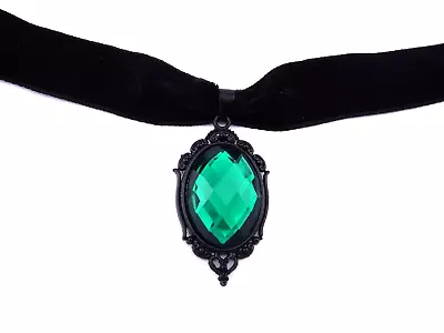 BLACK VELVET CHOKER With Teal Green Cabochon Cameo Stone Gothic Necklace K5 • $10.99