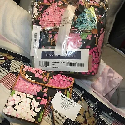 $600 • Buy Dooney And Bourke Black Hydrangeas Drawstring/ Wallet & Pouch NWTS 