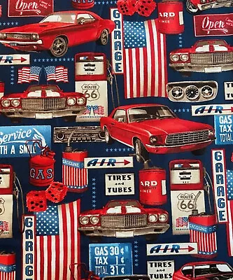 Classic Muscle Cars Car Parts Retro Gas Station  Usa Flag Cotton Fabric Fq • $4.22