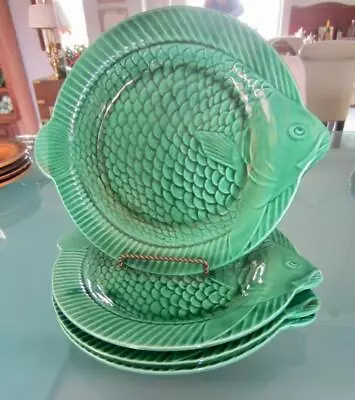 4 Vintage Sarreguemines Green Majolica FISH Shape PLATES 9½  X11  France 1920-50 • $49.99