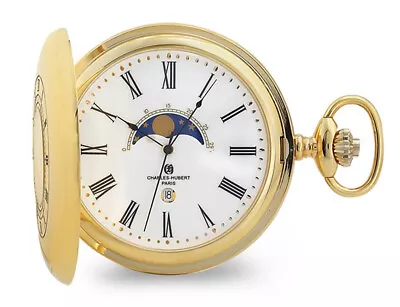 Charles Hubert Gold Plated Finish Open Window Moon Phase Pocket Watch • $269