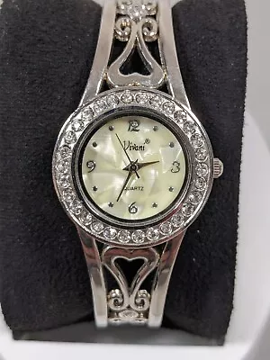 Vivani Womans Crystal Accent Open Work Silver Tone Hinge Bracelet Watch 7 Inch • $13.99