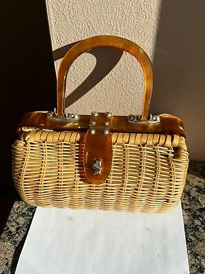 Vtg 1950's Woven Wicker & Bakelite Purse Handbag Made In British Hong Kong • $129.95