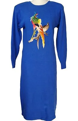 Vintage Mr. Mort Silk Angora Blend Peacock Applique Sweater Midi Dress M • $78.88