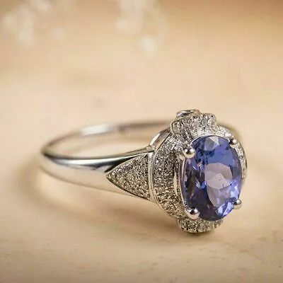 2CT Oval Cut Lab Created Tanzanite  Halo Beautiful Ring 14K White Gold Plated • $111.99