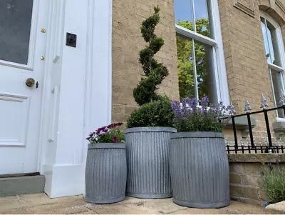 Set Of 3 Galvanised Tub Planters Large Metal Round Ribbed Dolly Garden Drum Pots • £93.99