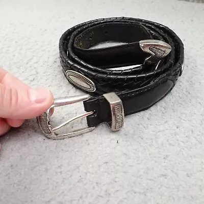 FOSSIL Men’s Black Leather Belt W/ Silver Buckle & Conchos Woven Braided Sz 42 • $13.89