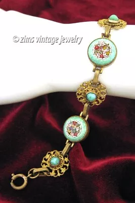 ART DECO Czech Peking Glass Italian Micro Mosaic Brass Filigree Link BRACELET • $11.50