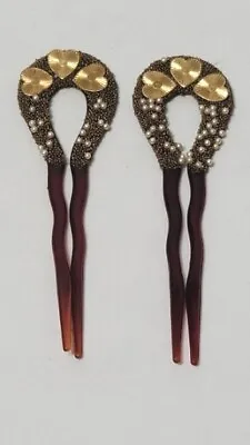 Vintage Pair Of Gold Tone Hearts Faux Pearls Hair Combs 4  • $15.13