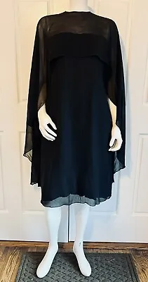 Vintage 1970s Rizkallah Malcolm Starr Black Silk Dress Sheer Scarf Overlay Sz M • $125