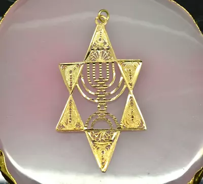 14K Yellow Gold Filigree Star Of David With Menorah Design Pendant Charm -big • $253.94