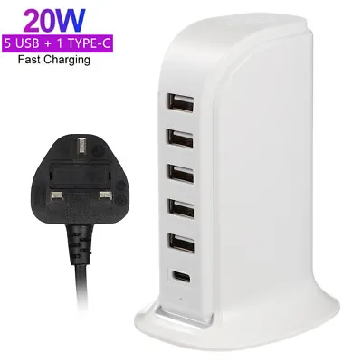 Multi 6 Port USB TYPE-C HUB Charger Tower Charging Adapter Wall Desktop Station • £9.99