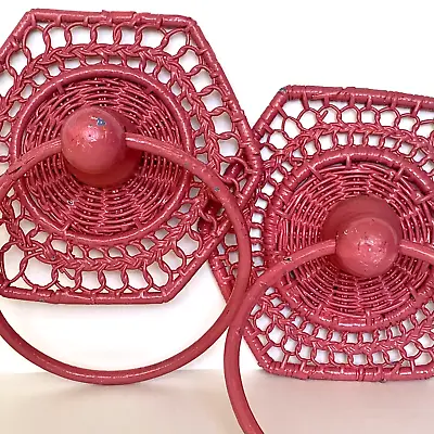 Vintage Boho Wicker Towel Holders Pink Hexagon Ring Style Retro Set Of 2 • $22.99