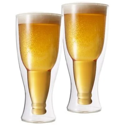 Elegant Double Walled Upside Down Beer Bottle Pilsner Glass 350 Ml SET OF 2 • £16.99