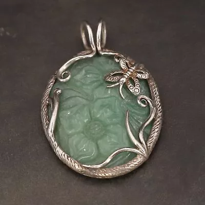 $26.99 • Buy VTG Sterling Silver - Jade Carved Flower & Butterfly Necklace Pendant - 30g