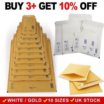 Arofol Padded Bubble Envelopes Bags White Or Gold Mailers Mailing Bags All Sizes • £0.99