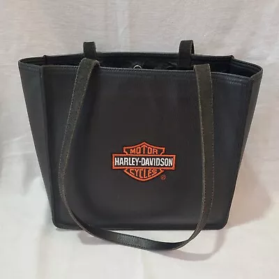 Harley Davidson Motor Cycles Black Leather Embroidered Logo Shoulder Bag Tote • $65