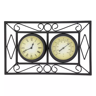 Black Ornate Garden Outdoor Metal Wall Mounted Frame Clock & Thermometer • £22.99