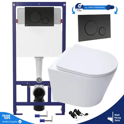 Rimless Wall Hung Toilet & 1.12m Concealed WC Cistern Frame - Matt Black Plate • £154.95
