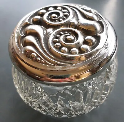 VINTAGE AVON GLASS VANITY CREAM JAR W/ ORNATE SILVERTONE BEADED SWIRLED LID • $17