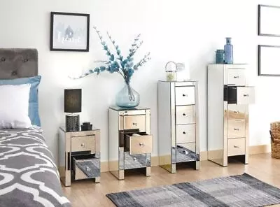 Mirrored Drawer Slim Chest Table Lamp Bedside Cabinet Storage Clear Glass • £109.99