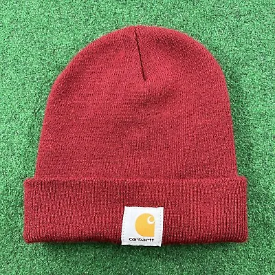 Vintage Carhartt Hat Mens Red Beanie Patch Logo Knit Acrylic 90s USA Winter S • $4.95