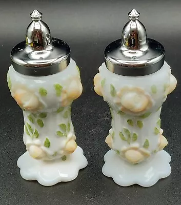 Vintage Fenton Hand-Painted Cabbage Rose Milk Glass Salt & Pepper Shakers 1970's • $42.50