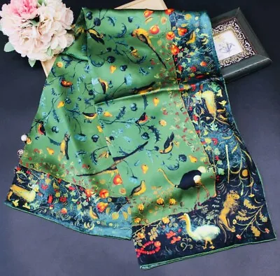 Bird 41” Square Large 100% Mulberry Silk Scarf Green Floral Vintage Hand Rolled • £32.31