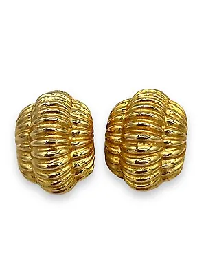 Vintage Gay Boyer Signed Gold Tone Ribbed Domed Clip Statement Earrings 80s • $34.99