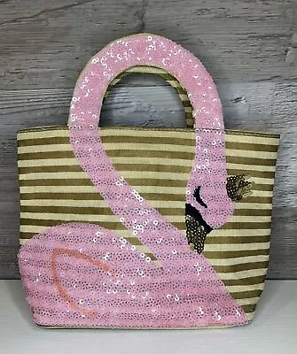 Mud Pie Pink Swan Princess Gold Crown Sequin Dazzle Jute Tote Bag Purse Girls • $17.99