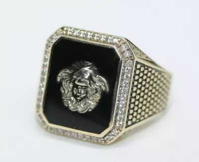 Statement 10K Solid Real Yellow Gold Men's Wide Medusa Versace Onyx Ring Sz 10.5 • $741