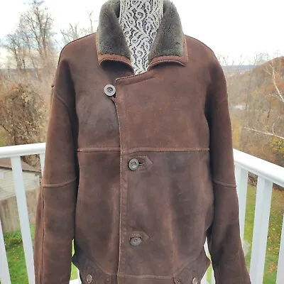 VTG Man's Size XL Suede Genuine Shearling Coat  Brown Lamb Goat Sheepskin Fur • $189