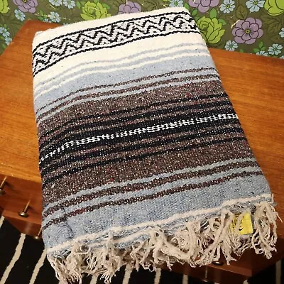 £19.99 • Buy Mexican Blue Brown Black White Woven Stripy Falsa Yoga Blanket / Throw 64 X48 