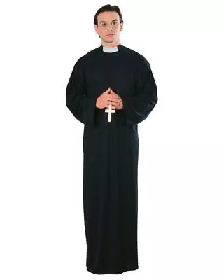 Priest Costume For Adults Mens Long Black Robe White Clerical Collar Rubies • $30.85