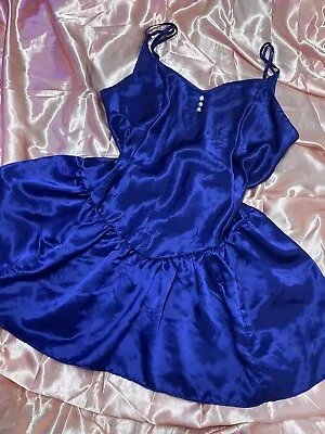 Vintage Retro Royal Blue Satin Frilly Ruffle Mini Slip Dress Lingerie L Goth • $75