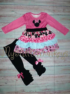 NEW Minnie Mouse Tiered Ruffle Tunic Dress Leggings Girls Boutique Outfit Set  • $19.99