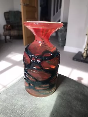 Mdina Art Glass Vase. Orange Red Swirls Turquoise Trailing 15 Cms Signed On Base • £10