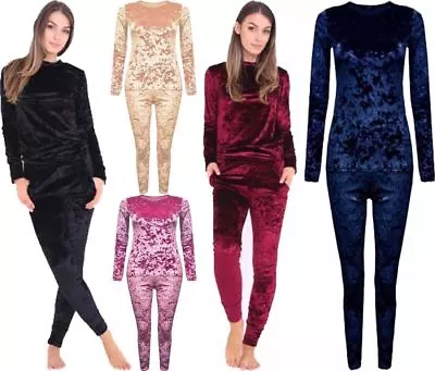 New Womens Ladies Velvet Velour Crushed 2pc Jogging Top Loungewear Tracksuit Set • $34.09