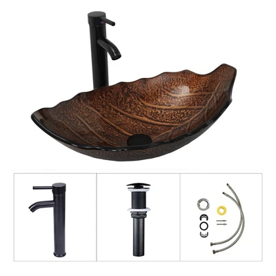 £54.99 • Buy Tempered Glass Countertop Basin Sink Leaf Shape Bathroom Wash Bowl Tap Waste Set