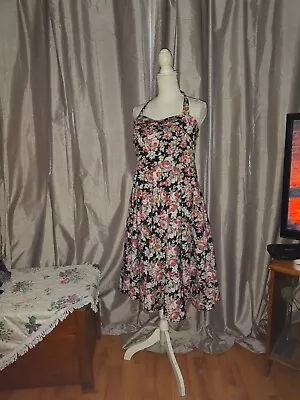 Beverley Jane Black Floral Halter Neck Dress UK Large Full Skirt 50s Boutique  • £24