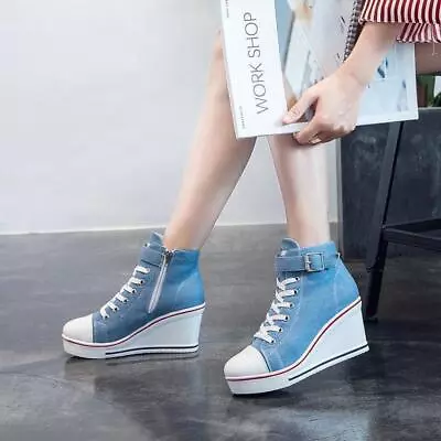 $34.99 • Buy Lady's High Top Wedge Heel Sneakers Women Pumps Lace Up Sport Canvas Shoes New