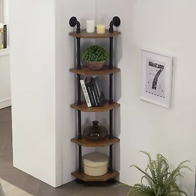 Ivinta Industrial 5-Tier Bookshelf Corner Storage Pipe Shelves With Wood Shelves • $87