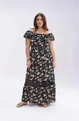 CITY CHIC Black Floral OFF SHOULDER Maxi Dress With Lace Trim Detail XS - 16 18 • $32