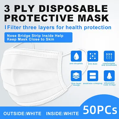WHITE 50PCS Face Mask Non MEDICAL Surgical Disposable 3-PLY Earloop Mouth Cover  • $7.87