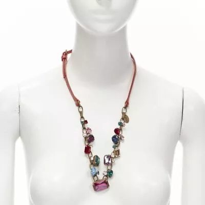 MIU MIU Vintage Multicolor Rhinstone Crystal Jewel Red Leather Necklace • $398